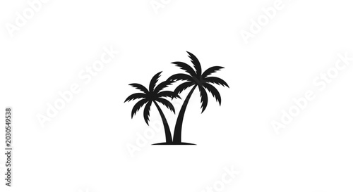 A simple, black silhouette of two palm trees against a plain white background