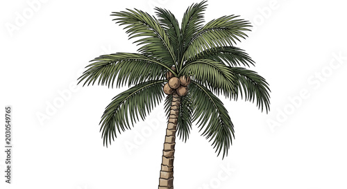 A detailed illustration of a tropical palm tree with coconuts. Depicted on a white background