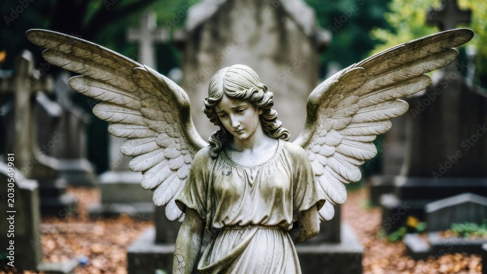 Obraz premium Angel statue gently bowing head in historic cemetery setting