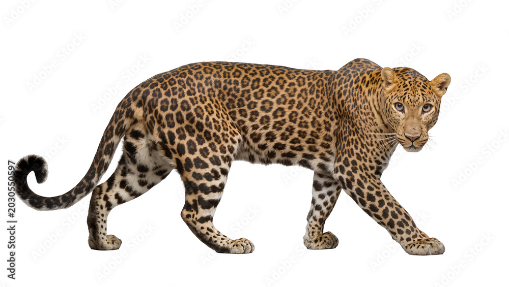 Fototapeta premium Spotted leopard walking with tail curled, isolated on transparent background