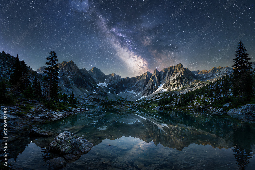 Fototapeta premium mystical mountain basin under starry milky way sky, crystal lake reflection, cinematic composition