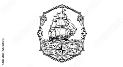 Fotografija Vintage Sailing Ship Emblem with Compass Rose and Ornate Frame
