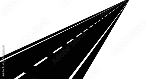 Photos Black asphalt road with white dashed lines receding into distance on white backg