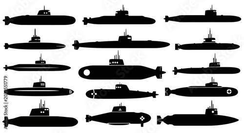 Foto Collection of diverse submarine silhouettes on white background, vector illustra