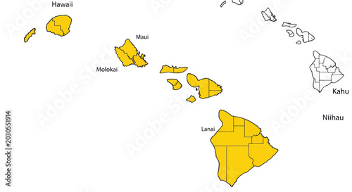 Foto Map of Hawaii Islands with counties highlighted in yellow