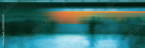 Blurred figures rush past an orange stripe on a teal background with bright lights