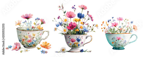 Fotografie Watercolor teacups filled with abundant wildflowers and colorful spring blossoms