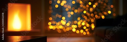 Cozy interior scene with glowing fireplace and blurred festive lights