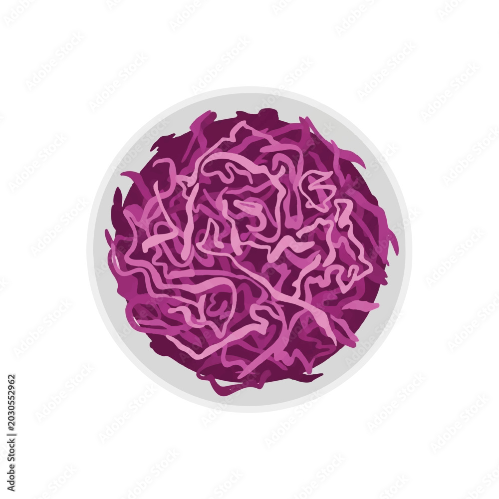 Obraz premium A top-down view of a modern white bowl filled with shredded purple sauerkraut, minimalist composition, high contrast, clean lines, healthy probiotic food theme, minimalist flat vector artwork,