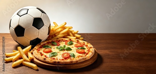 A soccer ball sits beside a margherita pizza and French fries on a wooden table,Ideal for sports bar promotions, football viewing night ads, match-day gathering graphics.