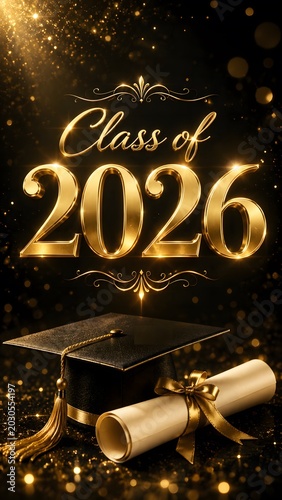 Vertical Class of 2026 Gold Graduation Poster with Cap and Diploma