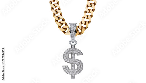 Foto Gold cuban link chain with diamond dollar sign pendant, isolated on transparent