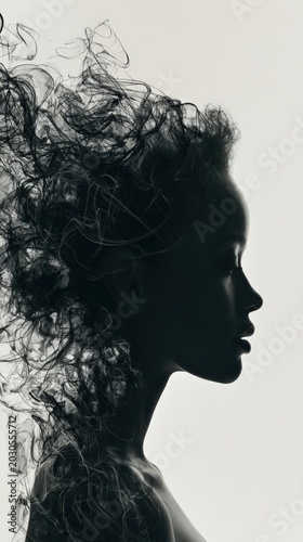 conceptual female profile silhouette with smoke-like hair, abstract portrait visualizing anxiety, inner turmoil and mental health awareness