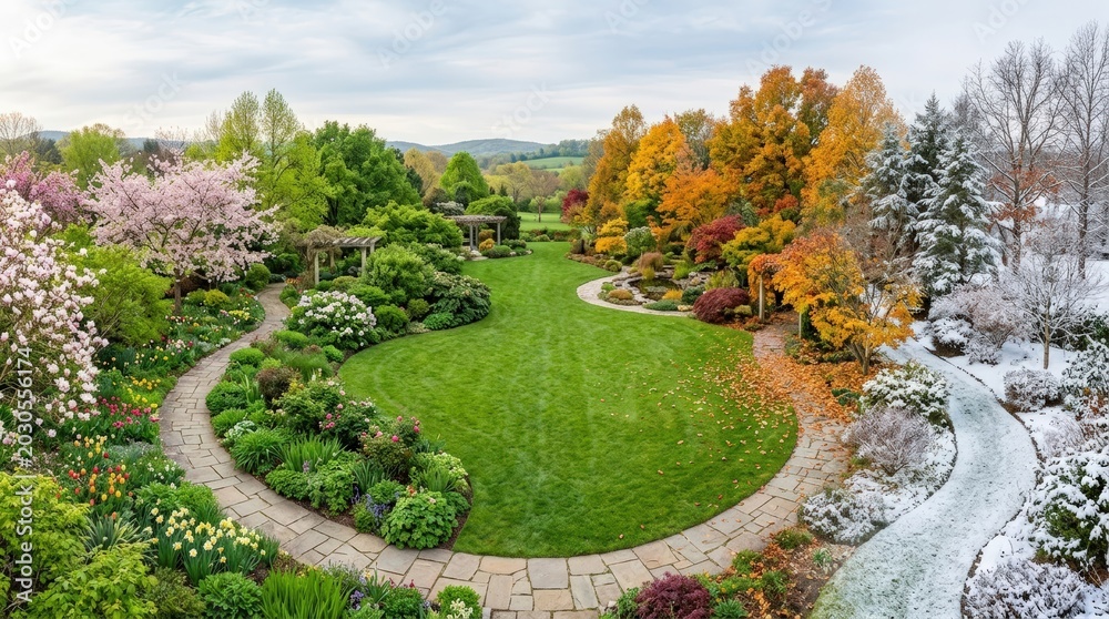 Fototapeta premium Panoramic garden landscape blending four seasons in one scene