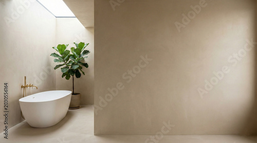 Minimalist bathroom with freestanding bathtub and natural light.