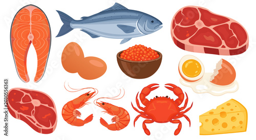 Tableau sur toile Set of protein-rich food items vector illustration, featuring fish, eggs, caviar