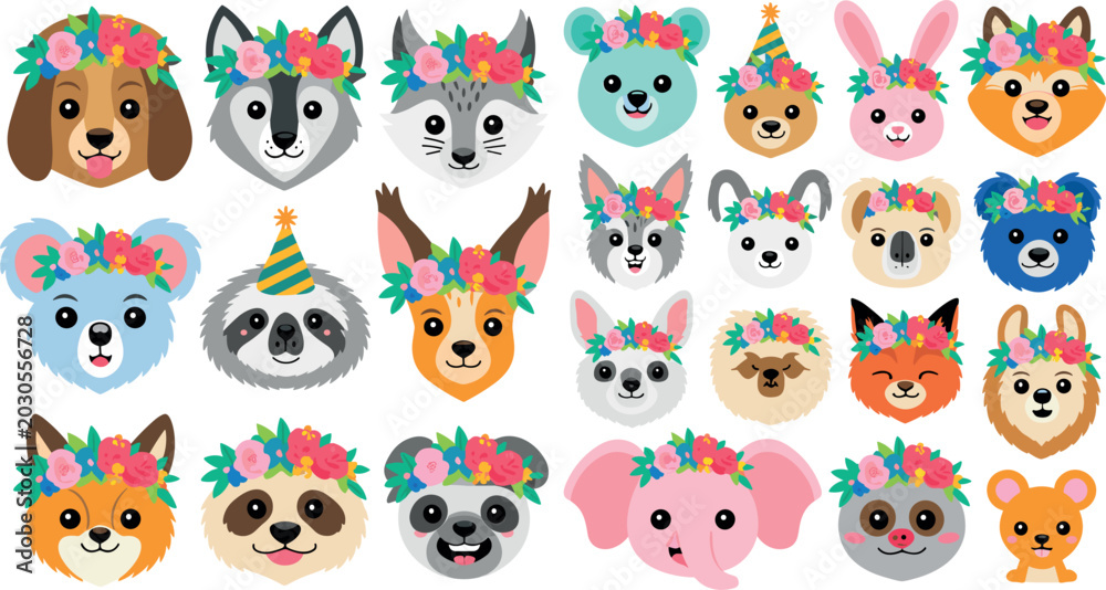 Fototapeta premium Cute cartoon wild animals wearing flower crowns and party hats set collection isolated on white background vector