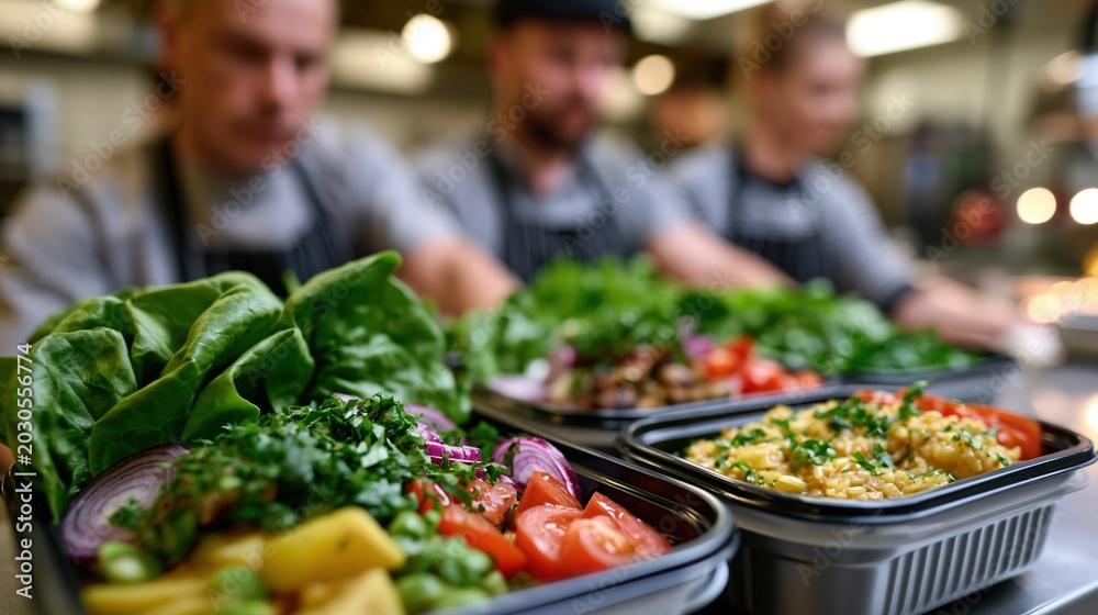 Obraz premium Restaurant staff preparing meals in reusable containers in stainless steel kitchen