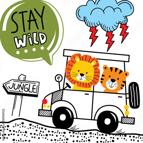 Cartoon lion and tiger riding in open car near jungle road sign under stormy sky. Wildlife adventure concept