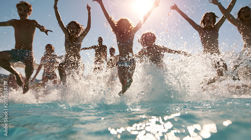 Des enfants s'amusent dans une piscine pendant une journée ensoleillée d'été