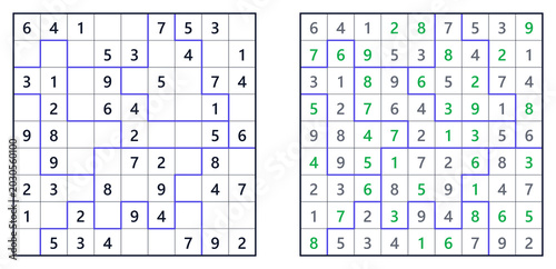 Sudoku solution page with jigsaw puzzle for easy level. For a book of Japanese Sudoku puzzles