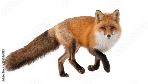 Slika na platnu Red fox with bushy tail and white chest, isolated on transparent background