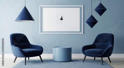 Modern interior design with blue chairs table and decorative lighting