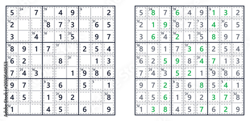 Sudoku solution page. Killer. Level easy with filled numbers displayed. For a book of Japanese Sudoku puzzles 