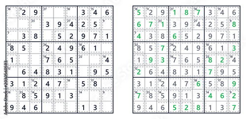 Sudoku solution page for Killer puzzle, Level easy with numbers. For a book of Japanese Sudoku puzzles