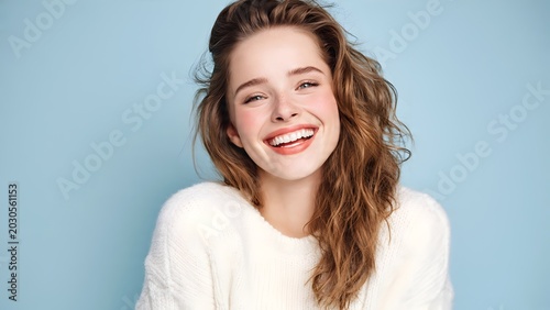 Happy Young Caucasian Woman Laughing with Clear Skin on Light Blue Background