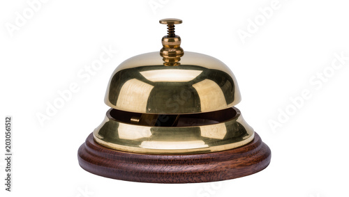 Bild auf Leinwand Polished brass reception bell with wooden base, isolated on transparent backgrou