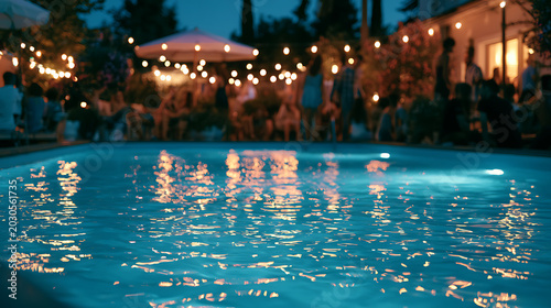 Soirée autour de la piscine avec des lumières et des gens à la tombée de la nuit