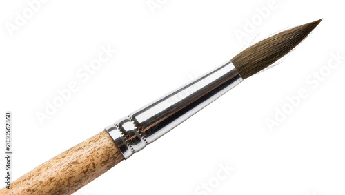 Konstfotografi Round tip paintbrush with wooden handle and silver ferrule, isolated on transpar