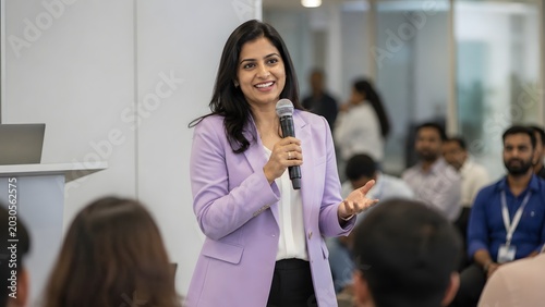Confident female speaker presenting with microphone at professional business seminar in modern conference room for leadership training corporate communication and workplace education event