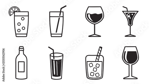 Vector illustration collection of various beverage icons including glasses and bottles with beverage, cocktail
