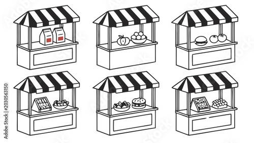 Vector illustration of retail market stalls and street vendor kiosks with commerce business illustration