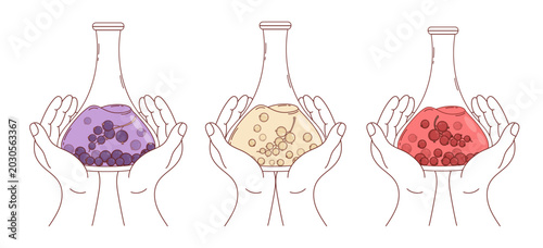 Obraz na plátně Outline Hands with Mixed Berries Currant Extract Black, Red, White in Lab Flasks