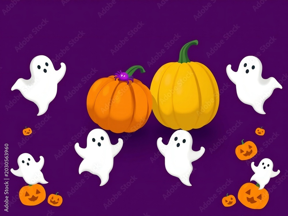 Fototapeta premium Ghosts and pumpkins celebrate halloween in a vibrant pixelated scene.