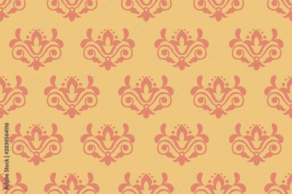 Fototapeta premium Elegant seamless damask pattern vector background. Classic luxury floral ornament in rose pink and warm beige colors. Perfect for wallpaper, textile fabric, wrapping paper, wedding invitations.