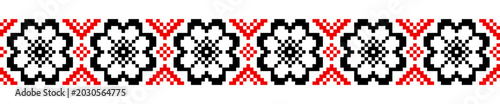 Ukrainian Vyshyvanka embroidery border, red and black traditional geometric folk ornament seamless vector pattern	