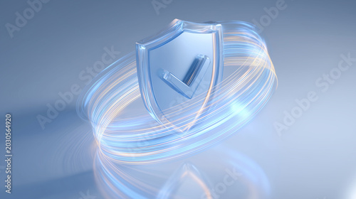 Cybersecurity shield with check mark and glowing light trails protection and privacy concept