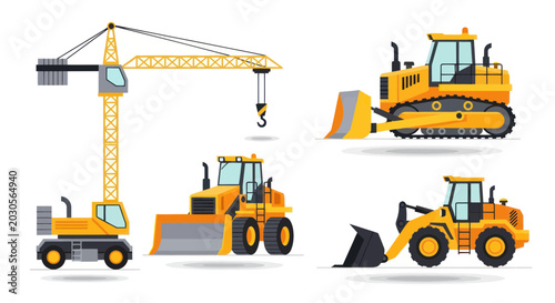 Construction Vehicles Set: Crane, Bulldozer, Loader, Excavator - Yellow Machinery Icons