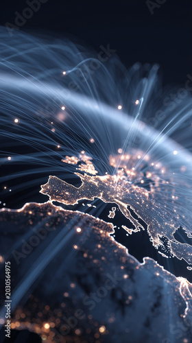 Digital network connections over Europe map glowing fiber optic data lines technology background