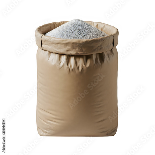 Large beige fabric sack filled with small white granular material transparent background