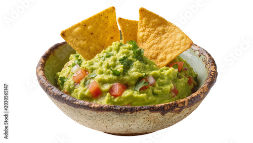 Tableau sur toile Fresh guacamole with diced tomatoes and cilantro served with tortilla chips, iso