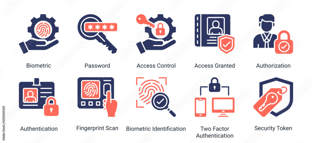Fototapeta premium Access Security icon set vector illustration featuring biometric,password,authentication,and fingerprint scan icons for secure login and identity protection design.