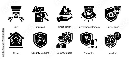 Fotografie Surveillance System icon set vector illustration featuring cctv,alarm,security camera,and intrusion icons for monitoring and protection concepts