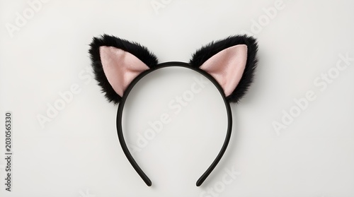 A black headband with soft cat ears is displayed against a neutral background. The ears feature fluffy black outer fur with pale pink inner sections, creating a cute and playful appearance.