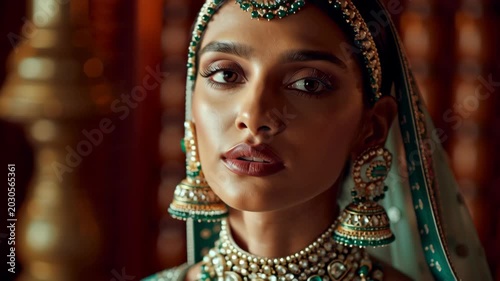 Beautiful Indian bride wearing traditional jewelry and dress for ceremony