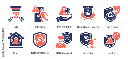 Cuadro en lienzo Surveillance System icon set vector illustration featuring cctv,alarm,security camera,and intrusion icons for monitoring and protection concepts